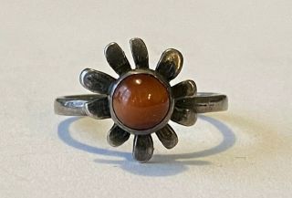 Vintage Sterling Silver Flower Ring with Deep Orange Cat’s Eye Cabochon Center 2