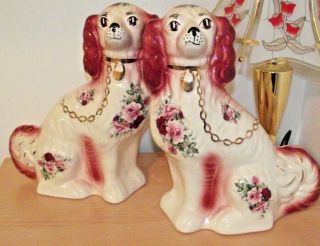 Pair Large Vintage Staffordshire Wally Dogs Pink Floral Roses Etc.  Spaniels