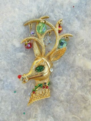 Vintage Mylu Reindeer Head Christmas Pin Dangling Ornament Bead Accents