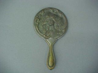 Vintage Art Nouveau Highly Embossed Hand Mirror (lady With Flowing Hair) Brass