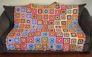 Vtg Crocheted Multi Colored Afghan Throw Granny Squares 60 X 54 Crayola Special