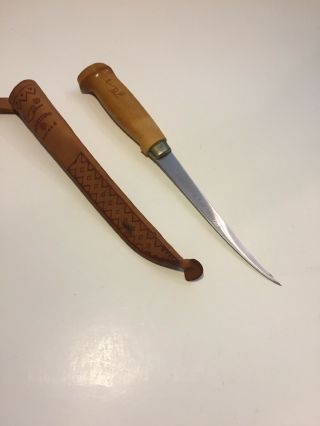 Vintage J.  Marttiini Fish Fillet Knife W/ Leather Sheath Signed Finland Rapala