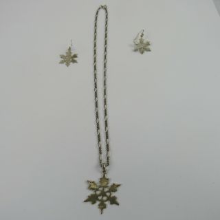 Snow Flake Earrings Pendant Chain Vintage Solid 925 Sterling Silver