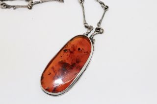 A Lovely Large Vintage Sterling Silver 925 Amber Pendant & Chain 15695