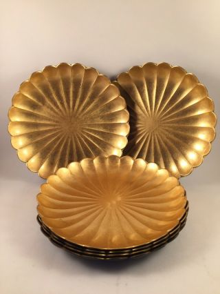 Vintage Mid Century Japan Gold Leaf Lacquer Scalloped Bar Snack Mini Trays Set/6