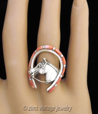 Vintage Sterling Silver Horseshoe Horse Head Equestrian Pink Coral Ring Size 8