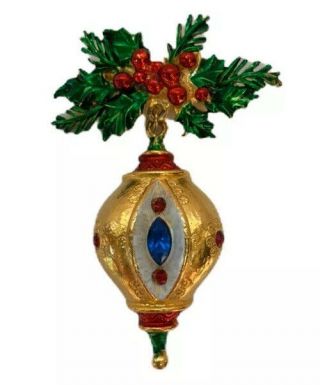 Vintage Gold Metal Pin Brooch Jewel Dangle Rhinestone Enamel Christmas Ornament