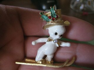 Vintage Signed Mylu Snowman Brooch - White Body,  On Gold Colored Skis - Ivy Hat