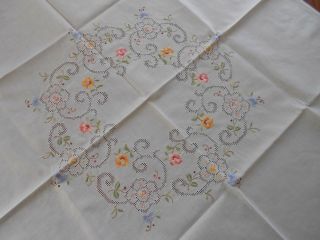 Vintage Machine Embroidered White Cotton Supper Size Tablecloth 84cm Sq