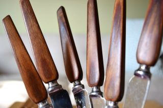 6 Piece Vintage Set Burns England Mid Century Modern Teak Wood Steak Knives