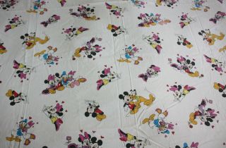 Vintage Disney Minnie Mickey Flat Bed Sheet Daisy Donald Pluto Cute Love Hearts