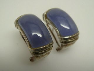 Vintage Signed Sterling Silver Blue Chalcedony Gemstone Omega Pierced Earrings