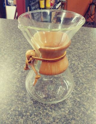 Vintage Chemex Pour Over Coffee Maker Pyrex Wood Collar Green Stamp 8 "