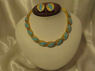 Vtg Kramer Turquoise Enamel On Goldtone Necklace & Earrings Demi Parure Set