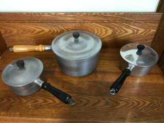 Vintage Household Institute Cast Aluminum Sauce Pans (3) W Wooden Handles N Lids