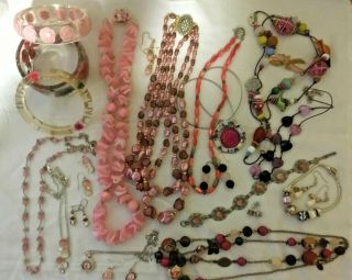 Joblot Of Mixed Costume Jewellery Mainly Pink - Vintage To Modern - All Wearable