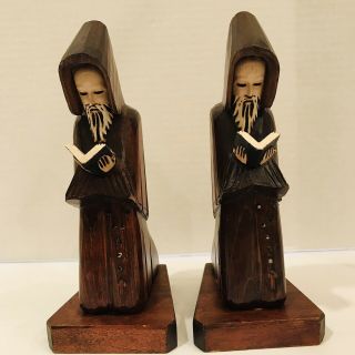 Vintage Hand Carved Wooden Monk Priest Gothic Catholic Rosary Bookends 9.  25 "