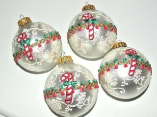 4 Vtg Christmas Ornaments White Ball Candy Cane Krebs Mica Glitter Lace 3 " H