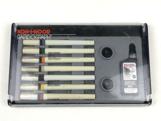 Koh - I - Noor Rapidograph Technical Artist Pen 7 Pen Set Ink Vintage Usa Made
