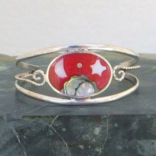 Mexican Cuff Bracelet Abalone Alpaca Silver Moon Star Vtg 6 - 1/8 " Red Enamel Jj05
