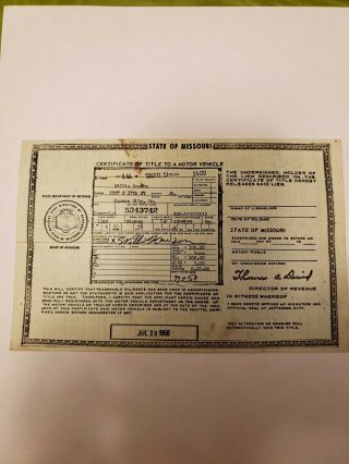 1940 Chevy Pickup Certificate Of Title State Of Missouri Historical Document