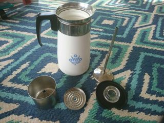 Corning 9 Cup Blue Cornflower Stove Top Percolator Coffee Pot Vintage Complete