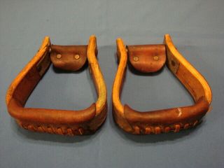 Pair Vintage Western Cowboy Wood,  Metal,  Leather Saddle Stirrups
