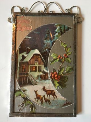 Christmas Ornament / Decor Vintage Post Card Behind Glass With Stamp Ooak