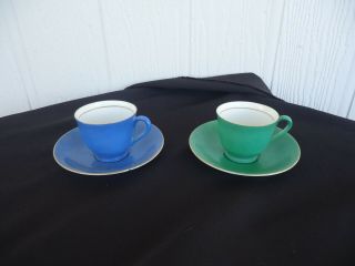 2 Vintage Retro Art Deco Japan Harlequin Tea Coffee Cups & Saucers Green & Blue