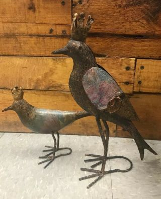 Two Mixed Media Art Metal Birds With Crows Sculpture Very Unique Vintage