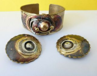 Vintage Unique Hand Crafted Brass Cuff Bracelet Details Copper & Clip Ons