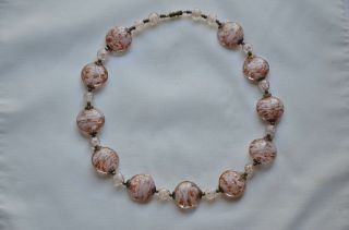 Gorgeous Vtg Art Deco Venetian Murano Pink Art Glass Copper Foil Bead Necklace