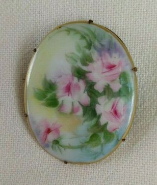 Vintage Victorian Edwardian Hand Painted Porcelain Floral Gilt Edge Brooch