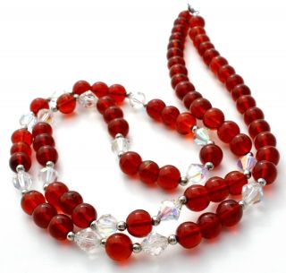 Vintage Ruby Red & Clear Glass Bead Necklace 30 " Long Christmas Strand Jewelry