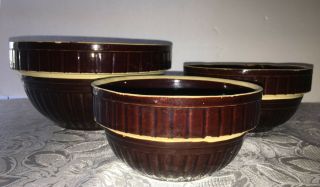 Vintage Nesting Bowl Set Of 3 Yellow Oven Ware Brown Glaze Crock Usa 6 " 7 " 9 "