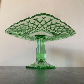 Vintage Le Smith Large Green Glass Trellis Cake Stand 11 " Square Plate Euc