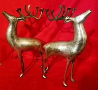 Vintage Set Of 2 Silver Brass Deer Buck Reindeer Figures 12 " Tall Heavy Brass