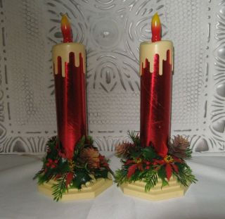 Pair Vtg Foil Paper Xmas Electric Candle Holders,  Plastic Base Flame Bulbs