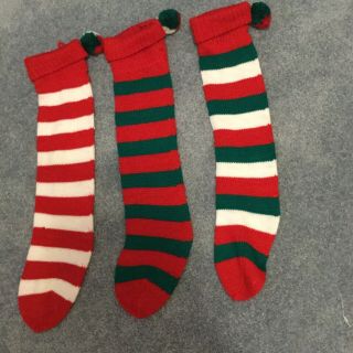 3 Vintage Knit Christmas Stockings 28 " Red/green/white Stripes.  Pom Poms Euc