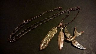 Vintage Brass Copper Necklace North American Indian Feathers Bird Pendants