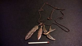 vintage brass copper necklace north american indian feathers bird pendants 2