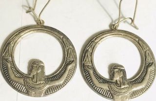 Wow Vtg Art Deco 925 Sterling Silver Cleopatra Egyptian Goddess Hoop Earrings