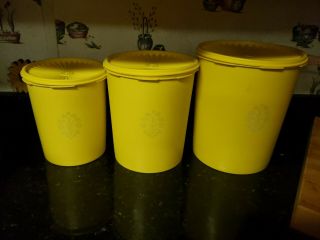 Vintage Set Of 3 Tupperware Servalier Canisters Yellow W/ Lids Mid Century