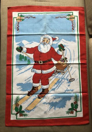 Vintage Retro Tea Towel Santa Skiing Snow Present Christmas Time 100 Cotton