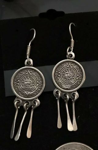Vintage Sterling Silver Aztec Calendar Mexico Earrings Southwestern Hooks Tri