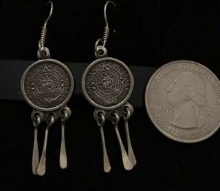 Vintage Sterling Silver Aztec Calendar Mexico Earrings Southwestern Hooks Tri 2