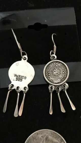 Vintage Sterling Silver Aztec Calendar Mexico Earrings Southwestern Hooks Tri 3