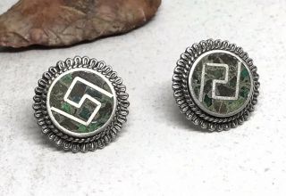 Vintage Taxco Mexico Reveri Castillo Sterling Silver Stone Inlay 51 Earrings