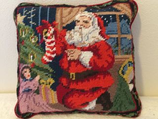 Vintage Christmas Pillow Wool Needlepoint Velvet Back W Zip Santa Clause 10x10