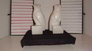 Vintage White Marble Bird Of Prey Owls Bookends Set Of Two Art Deco Modern